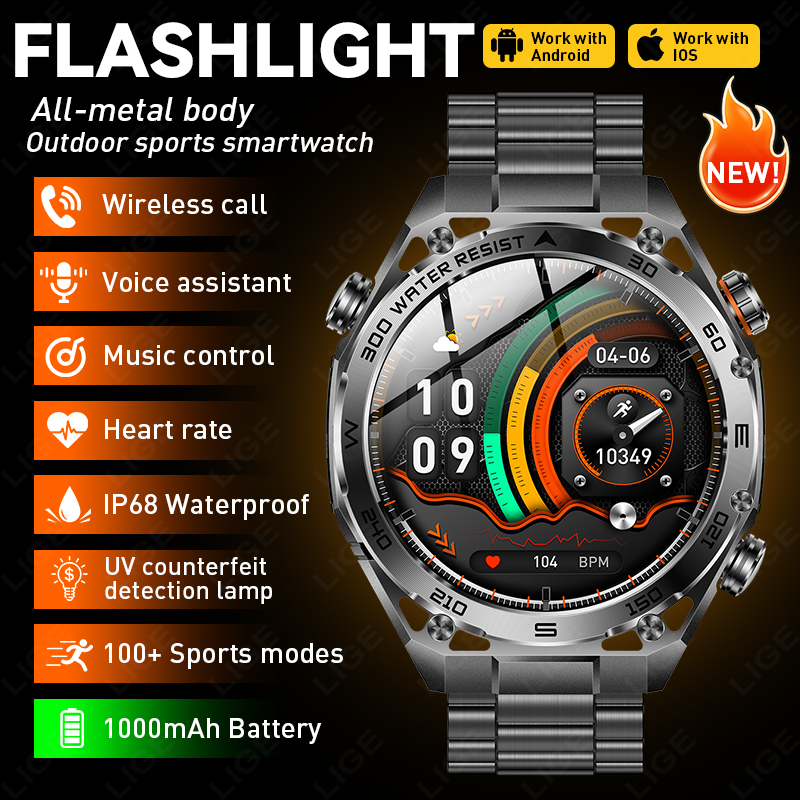 Smartwatch Rugged Watches For Men - Military Metal Body Smart Watch 1000mAh