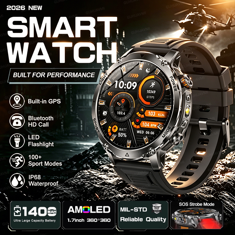 Smartwatch Rugged Watches For Men - Outdoor Military 1400mAh 200-Day Standby Smartwatch
